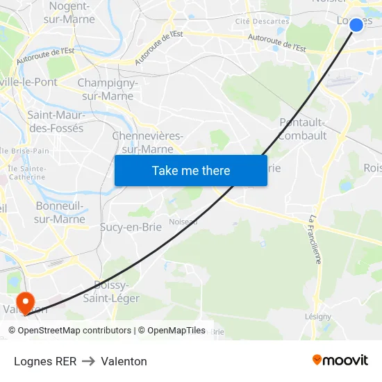 Lognes RER to Valenton map