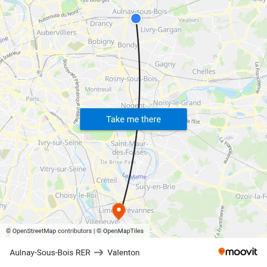 Aulnay-Sous-Bois RER to Valenton map