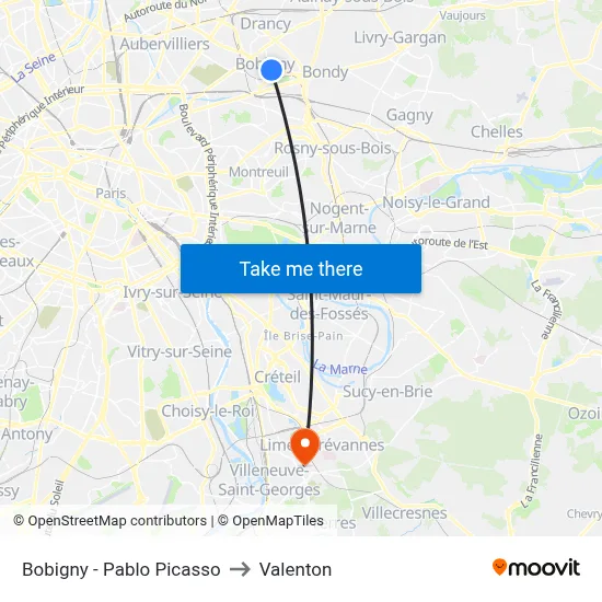 Bobigny - Pablo Picasso to Valenton map