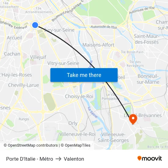 Porte D'Italie - Métro to Valenton map