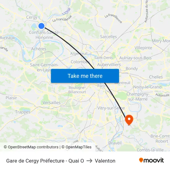 Gare de Cergy Préfecture - Quai O to Valenton map