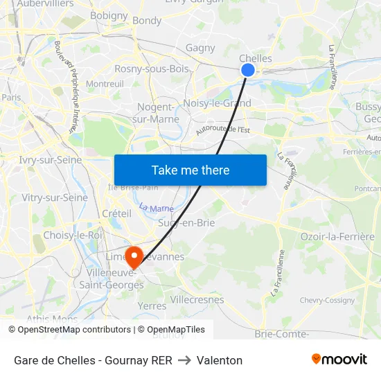 Gare de Chelles - Gournay RER to Valenton map