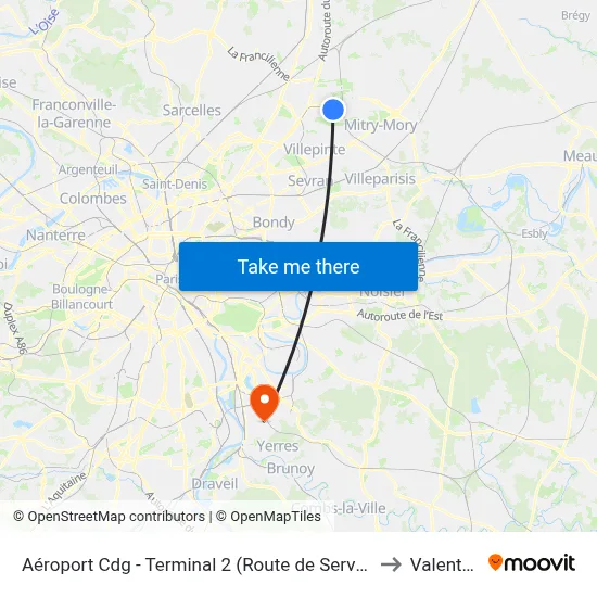 Aéroport Cdg - Terminal 2 (Route de Service) to Valenton map