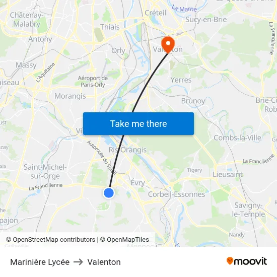 Marinière Lycée to Valenton map