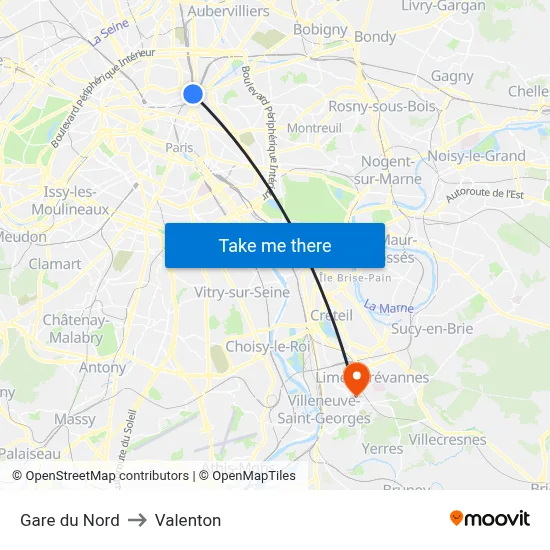 Gare du Nord to Valenton map