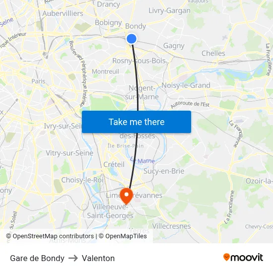 Gare de Bondy to Valenton map
