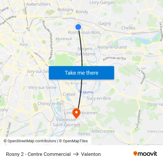 Rosny 2 - Centre Commercial to Valenton map