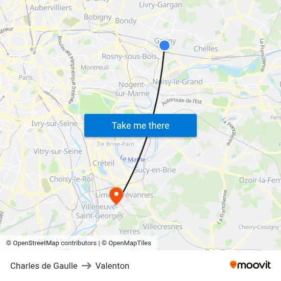 Charles de Gaulle to Valenton map