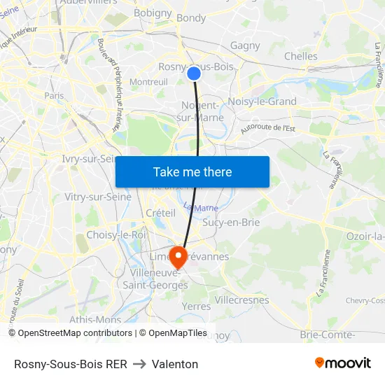 Rosny-Sous-Bois RER to Valenton map
