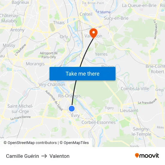 Camille Guérin to Valenton map