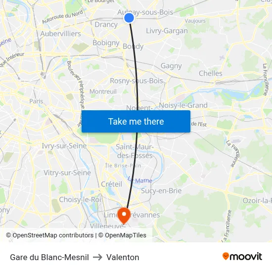 Gare du Blanc-Mesnil to Valenton map