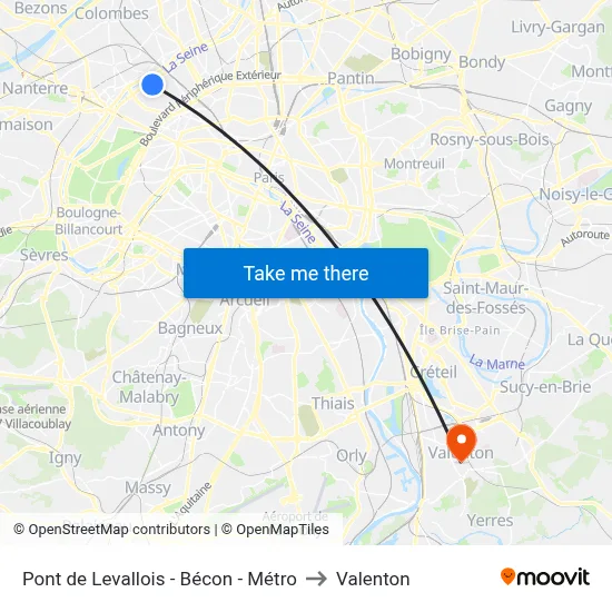 Pont de Levallois - Bécon - Métro to Valenton map