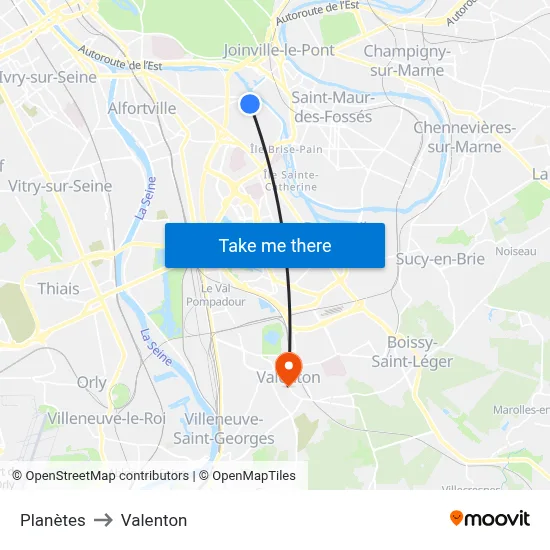 Planètes to Valenton map