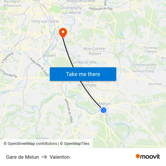 Gare de Melun to Valenton map