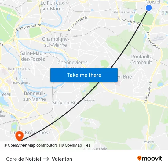 Gare de Noisiel to Valenton map