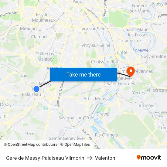 Gare de Massy - Palaiseau Vilmorin to Valenton map