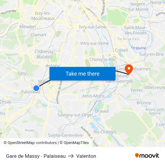 Gare de Massy - Palaiseau to Valenton map