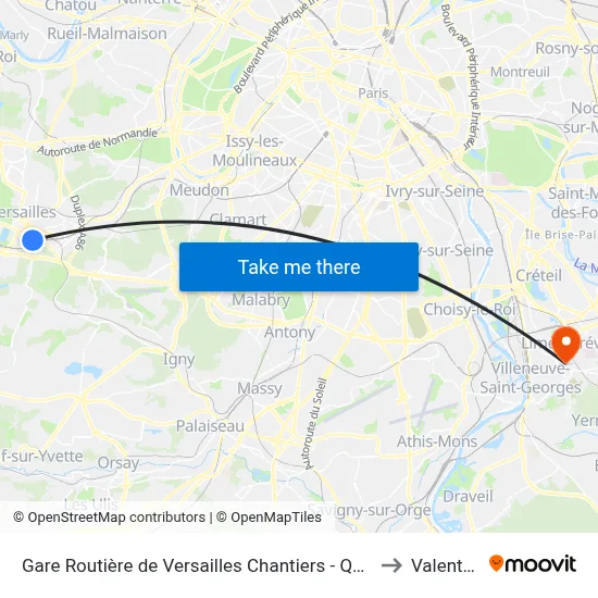 Gare Routière de Versailles Chantiers - Quai I to Valenton map