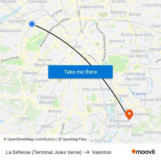 La Défense (Terminal Jules Verne) to Valenton map