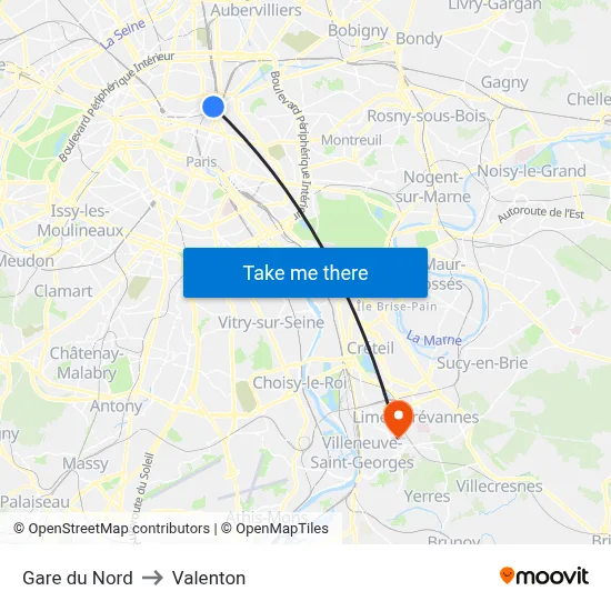 Gare du Nord to Valenton map