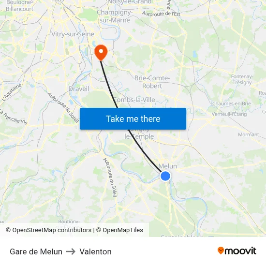 Gare de Melun to Valenton map