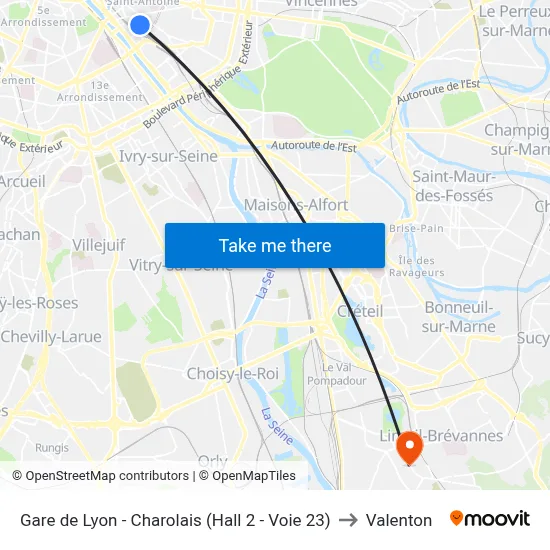 Gare de Lyon - Charolais (Hall 2 - Voie 23) to Valenton map
