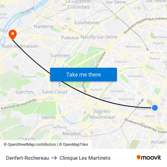 Denfert-Rochereau to Clinique Les Martinets map