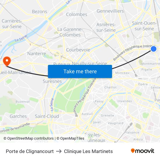 Porte de Clignancourt to Clinique Les Martinets map