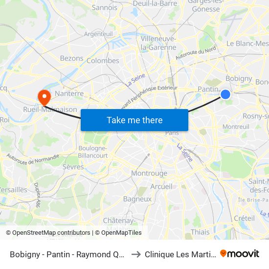 Bobigny - Pantin - Raymond Queneau to Clinique Les Martinets map