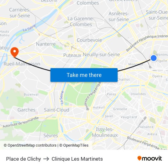 Place de Clichy to Clinique Les Martinets map