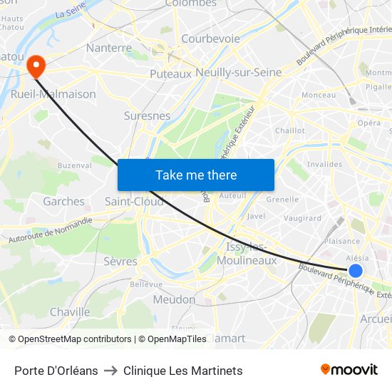 Porte D'Orléans to Clinique Les Martinets map