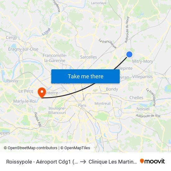 Roissypole - Aéroport Cdg1 (G1) to Clinique Les Martinets map