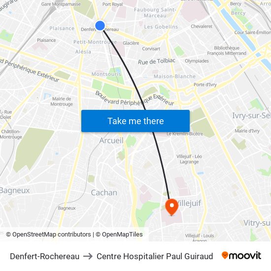 Denfert-Rochereau to Centre Hospitalier Paul Guiraud map