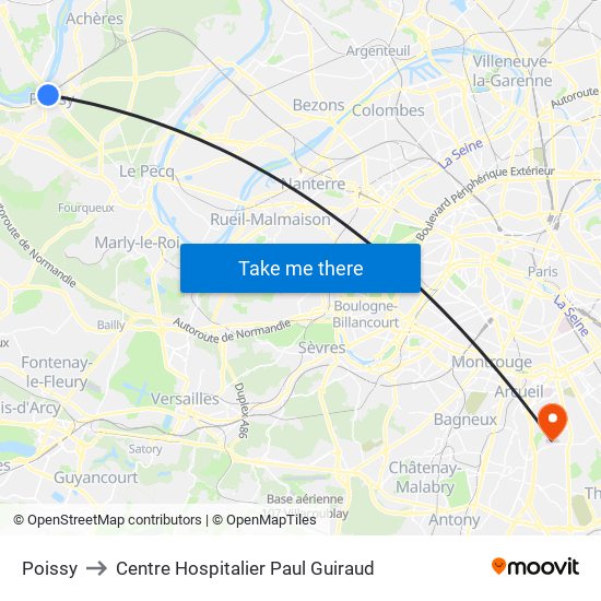 Poissy to Centre Hospitalier Paul Guiraud map