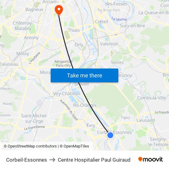 Corbeil-Essonnes to Centre Hospitalier Paul Guiraud map
