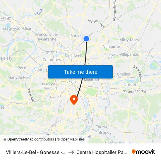 Villiers-Le-Bel - Gonesse - Arnouville to Centre Hospitalier Paul Guiraud map