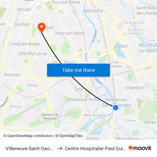 Villeneuve-Saint-Georges to Centre Hospitalier Paul Guiraud map