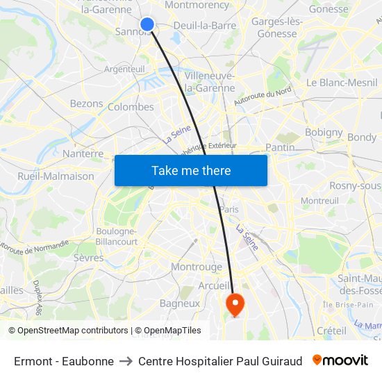 Ermont - Eaubonne to Centre Hospitalier Paul Guiraud map