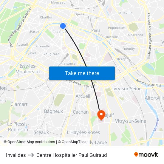 Invalides to Centre Hospitalier Paul Guiraud map