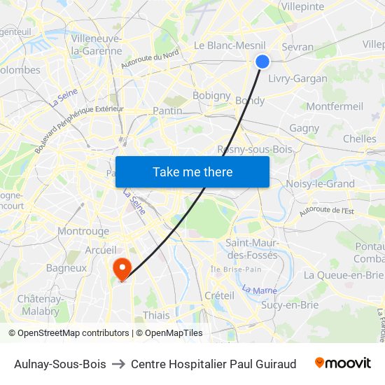 Aulnay-Sous-Bois to Centre Hospitalier Paul Guiraud map