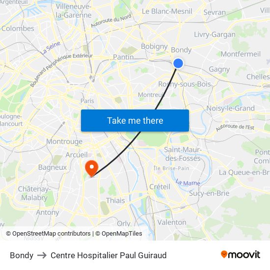 Bondy to Centre Hospitalier Paul Guiraud map