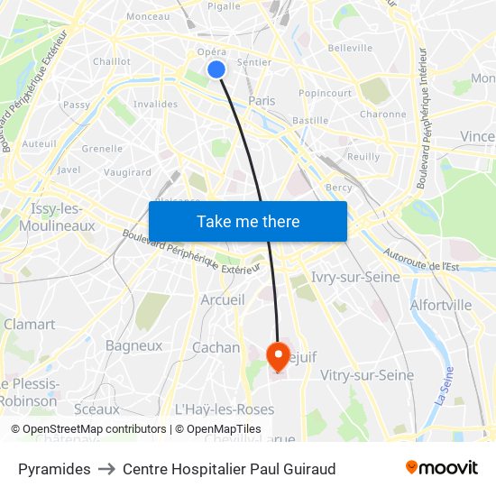 Pyramides to Centre Hospitalier Paul Guiraud map