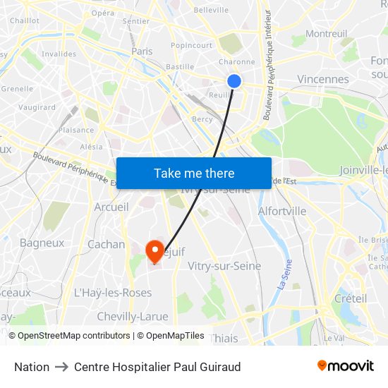 Nation to Centre Hospitalier Paul Guiraud map
