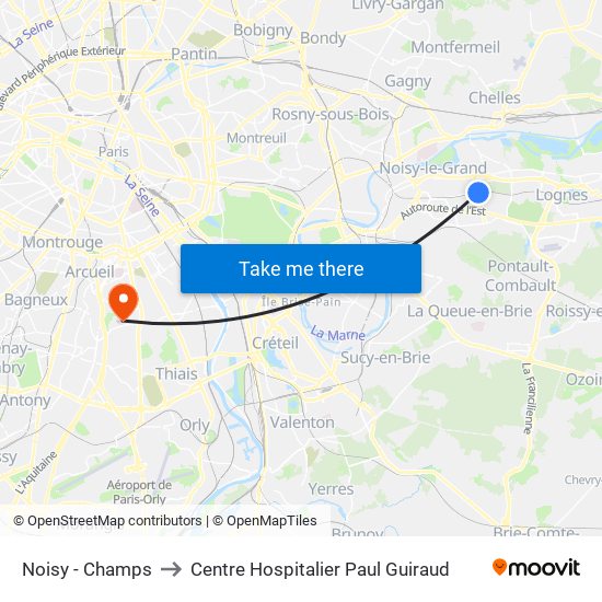 Noisy - Champs to Centre Hospitalier Paul Guiraud map