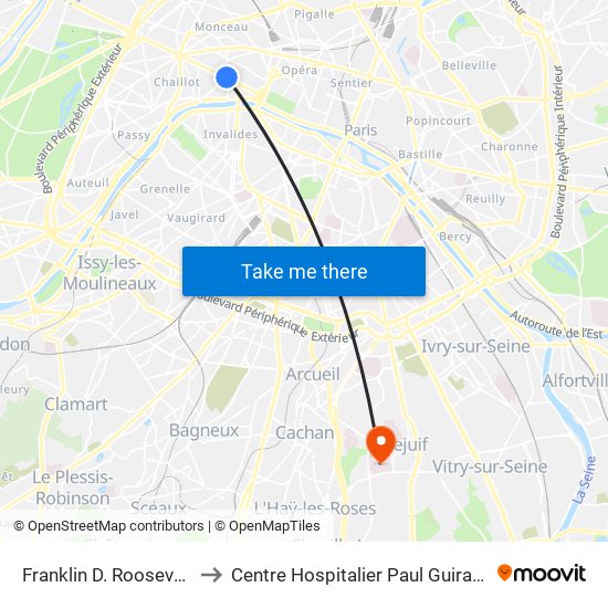 Franklin D. Roosevelt to Centre Hospitalier Paul Guiraud map