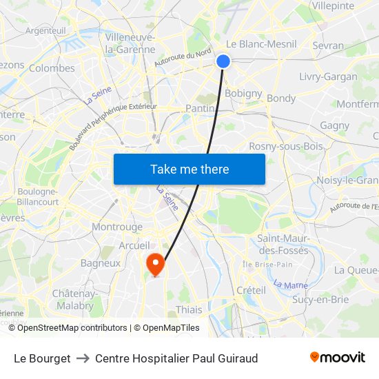 Le Bourget to Centre Hospitalier Paul Guiraud map