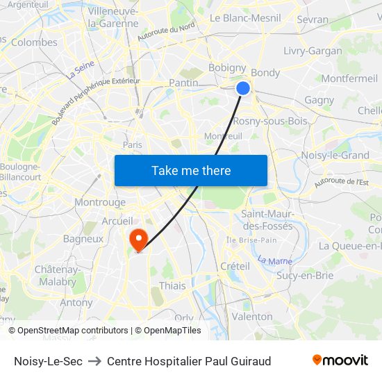 Noisy-Le-Sec to Centre Hospitalier Paul Guiraud map