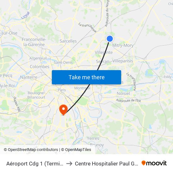 Aéroport Cdg 1 (Terminal 3) to Centre Hospitalier Paul Guiraud map