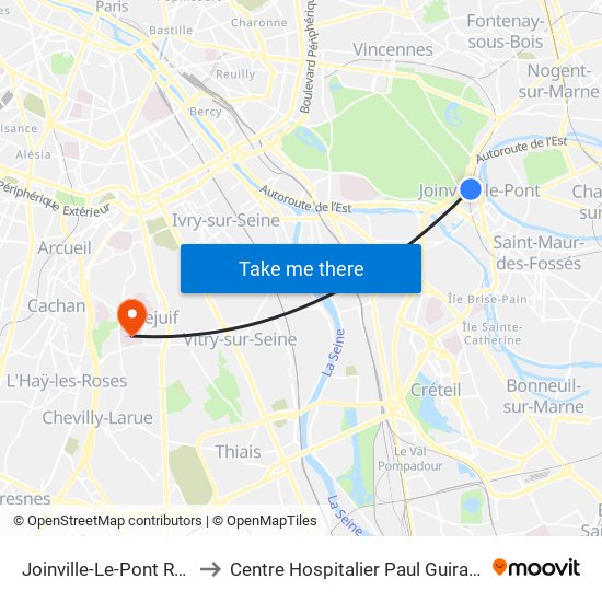Joinville-Le-Pont RER to Centre Hospitalier Paul Guiraud map