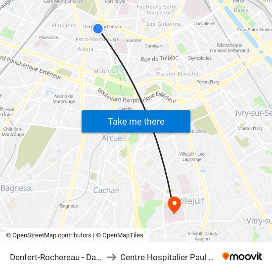 Denfert-Rochereau - Daguerre to Centre Hospitalier Paul Guiraud map